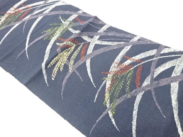 手織り真綿紬芝に草葉模様織出し名古屋帯